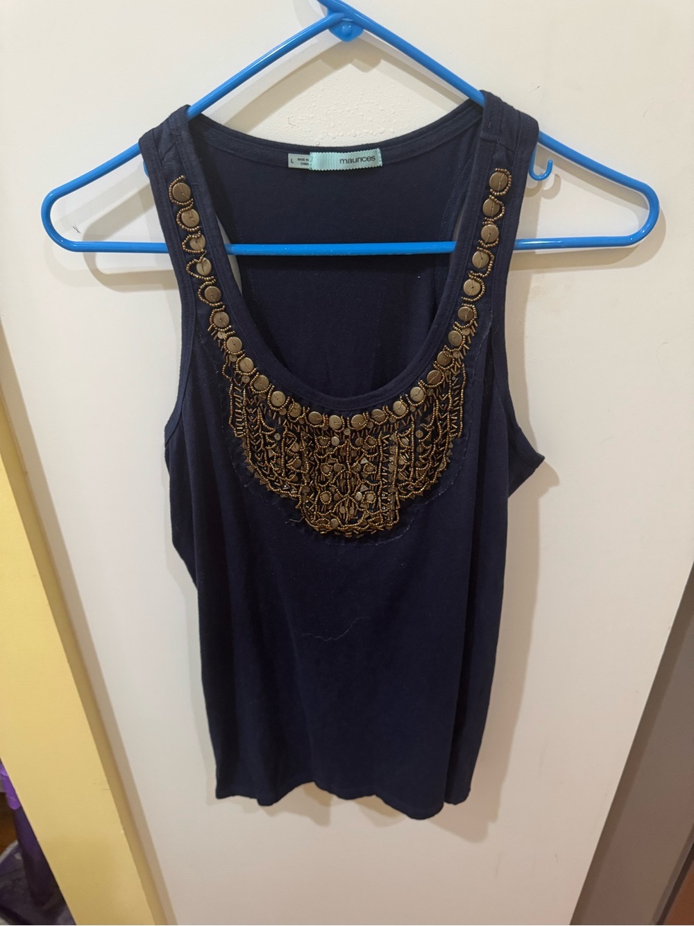 Maurices Navy Tank Top with Gold Embellished Neckline